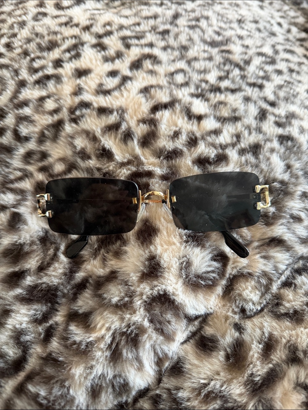 Rimless Black Rectangle Sunglasses with Gold Accents